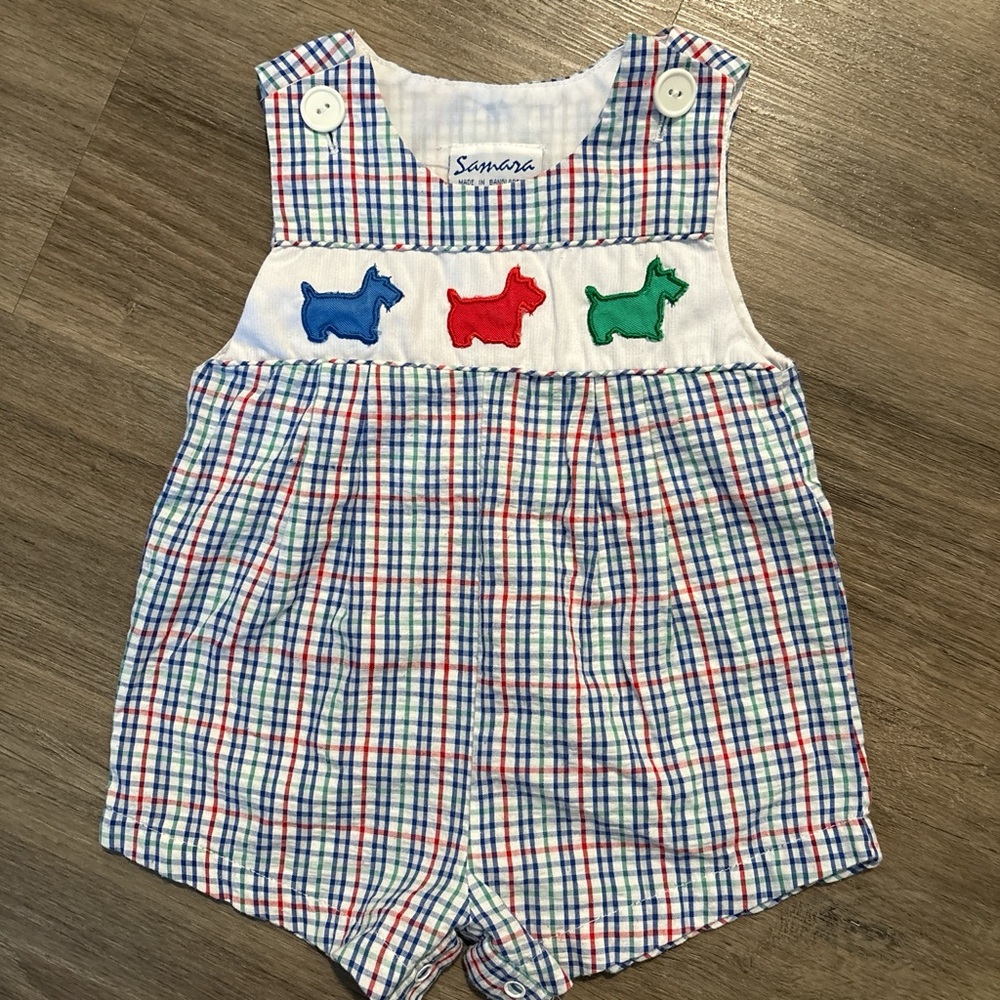 Vintage❤️ Samara Plaid Baby Romper with Dog Appliques